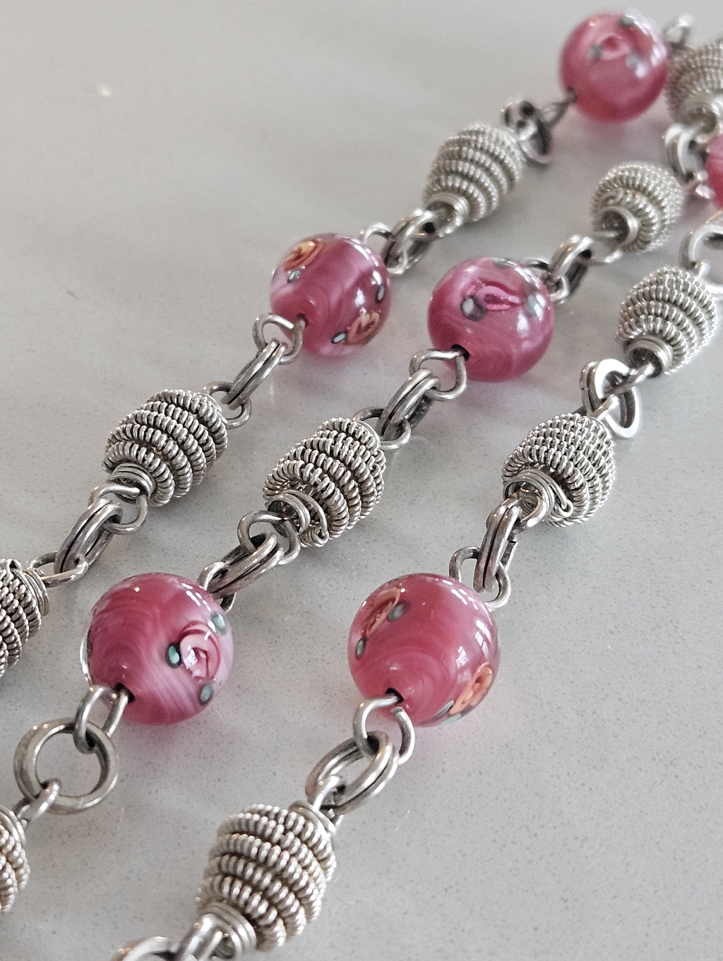 Vintage Italian Silver Venitian Glass Lampwork Wedding Cake Bead Necklace 21"